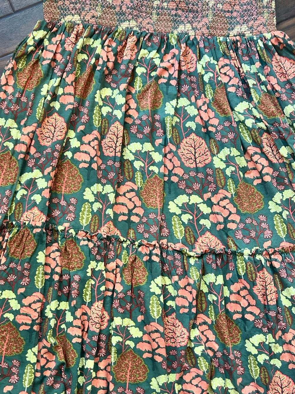 Kate Quinn Women's Smocked Tie Strap Tiered Prairie Midi Dress Boho Fairy Nature - Picture 2 of 11